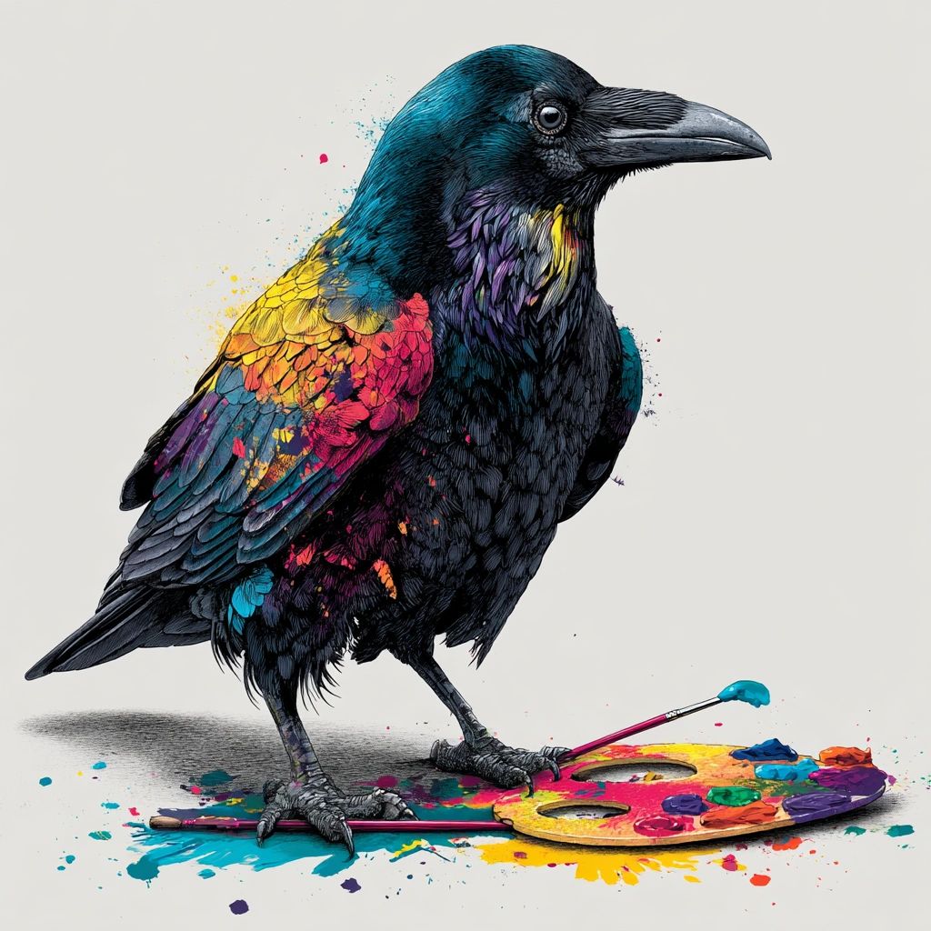 The workshop’s crow holding a paintbrush